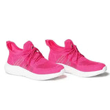 Vibrant pink mesh mountain horse airflow sneaker with white soles gray stripes and shockx advanced insole for comfort