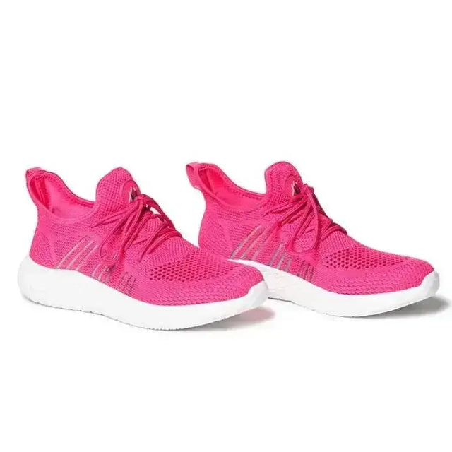 Vibrant pink mesh mountain horse airflow sneaker with white soles gray stripes and shockx advanced insole for comfort