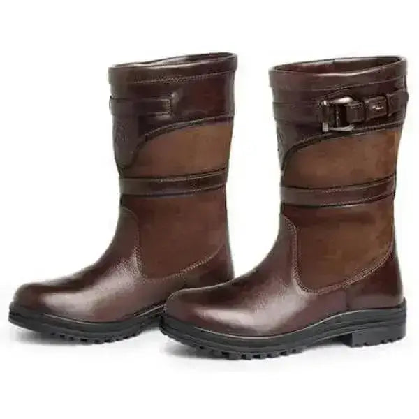 Brown leather mountain horse devonshire ankle boots with matte finish suede panels and buckle detail on upper shaft