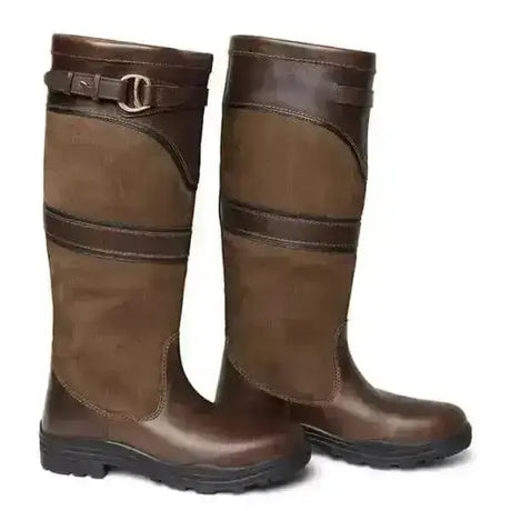 Brown leather mountain horse devonshire boots with suede panel and adjustable strap at the top dark brown