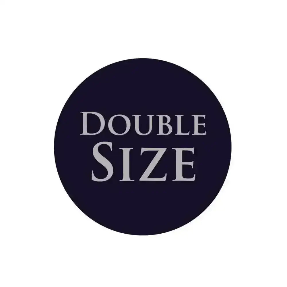 Navy blue circular label with double size in silver serif on mountain horse sovereign young rider riding boots