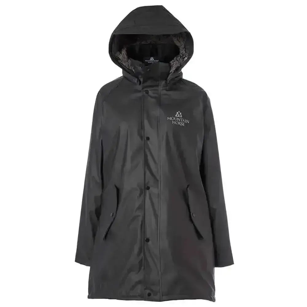 Black mountain horse spirit raincoat with gray fleece hood lining fully waterproof rain jacket with logo on chest