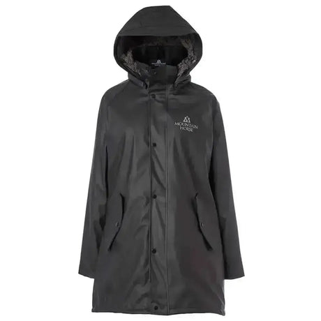 Black mountain horse spirit raincoat with gray fleece hood lining fully waterproof rain jacket with logo on chest