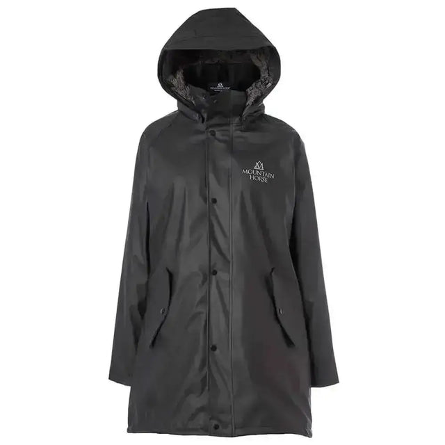 Black mountain horse spirit raincoat with gray fleece hood lining fully waterproof rain jacket with logo on chest