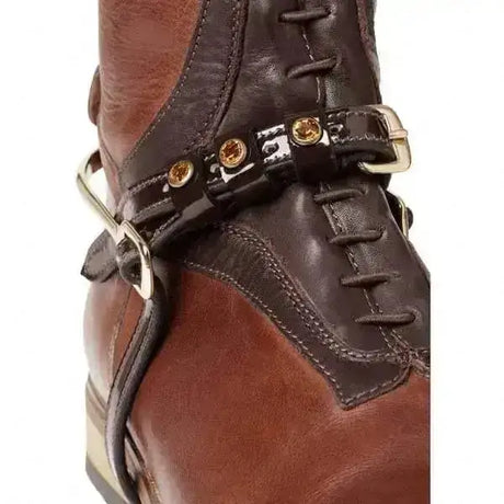 Brown leather mountain horse spurs straps with black strap and gold hardware perfect for horse spurs use