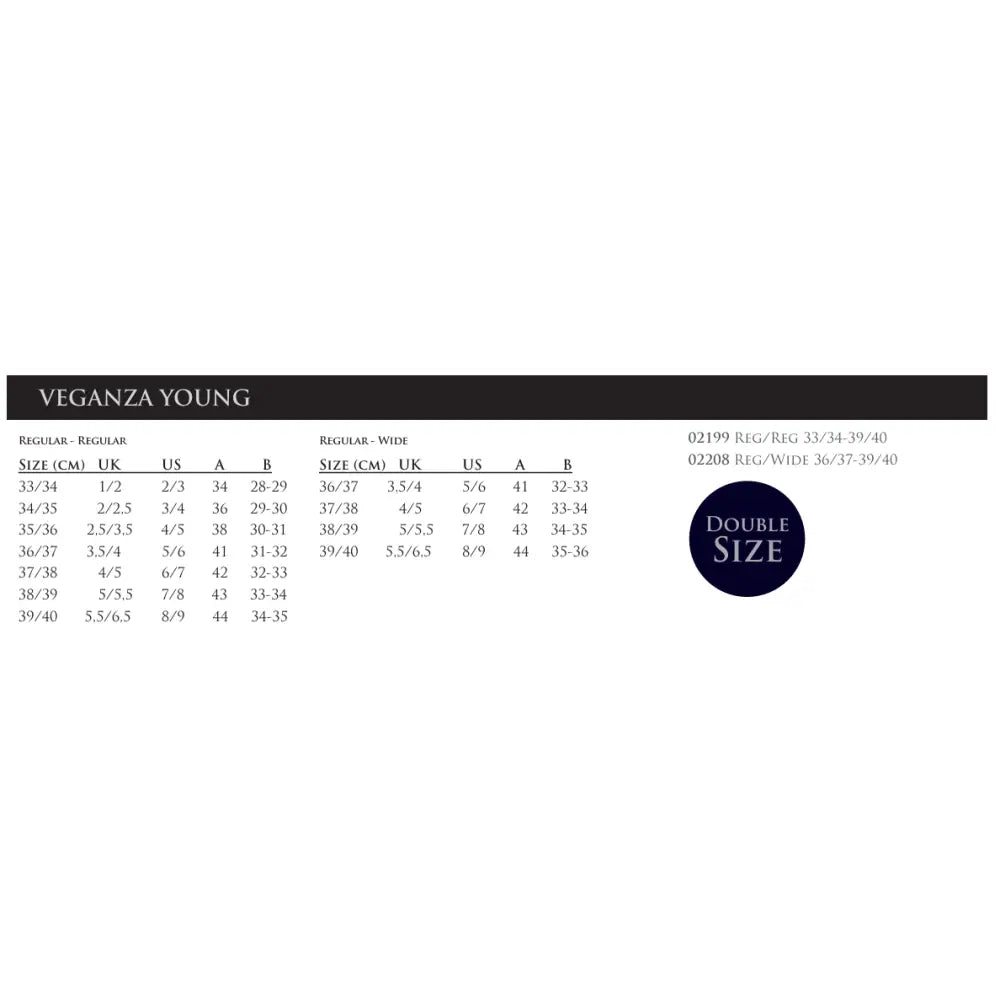 Veganza junior tall riding boot black size chart showing regular and wide fits in cm uk us a b with double size label