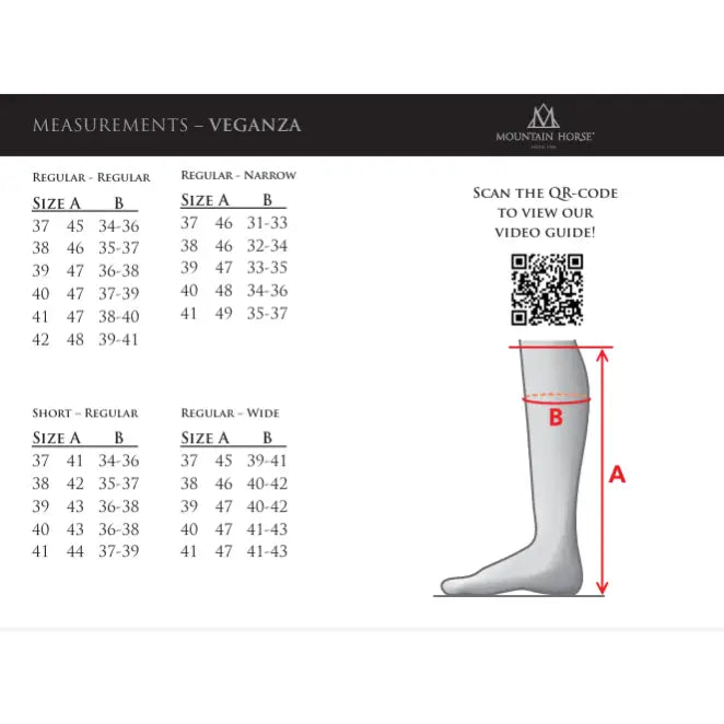Gray illustrated foot diagram with measurement lines a and b for mountain horse veganza tall riding boot black sizing guide