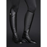 Black leather mountain horse veganza tall riding boot with mesh side panel and laces for riding use