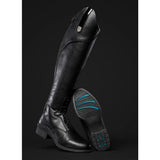 Black leather mountain horse veganza tall riding boot with sleek glossy finish and teal stripes on the sole