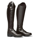 Black leather mountain horse veganza tall riding boot with textured side panel and small metallic logo near top