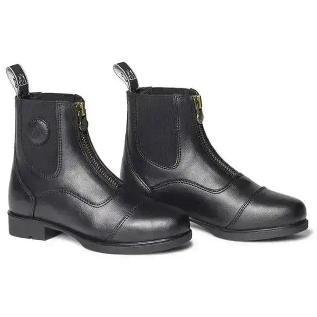 Black leather mountain horse veganza young paddock boots with zipper closure and pull tabs for easy wear