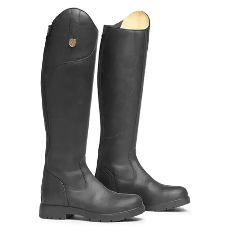 Black grain leather mountain horse wild river boots with gold logo and padded tan interior lining