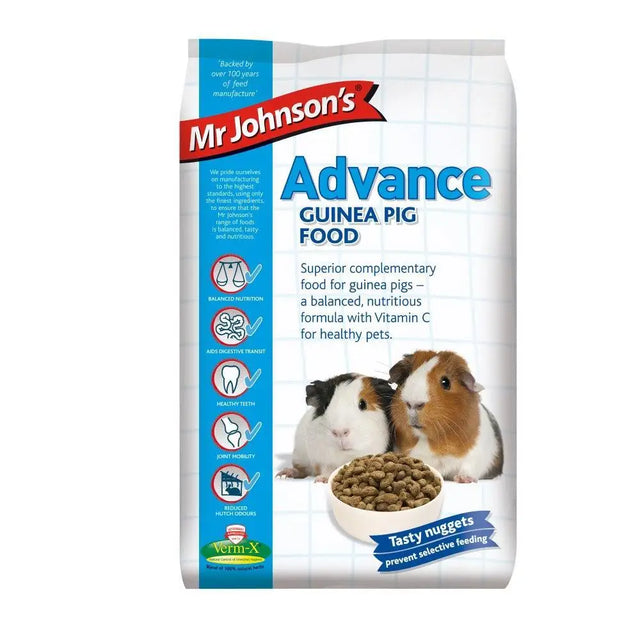 Mr johnsons advance guinea 10 kg bag of blue and white guinea pig food with images of two guinea pigs on front