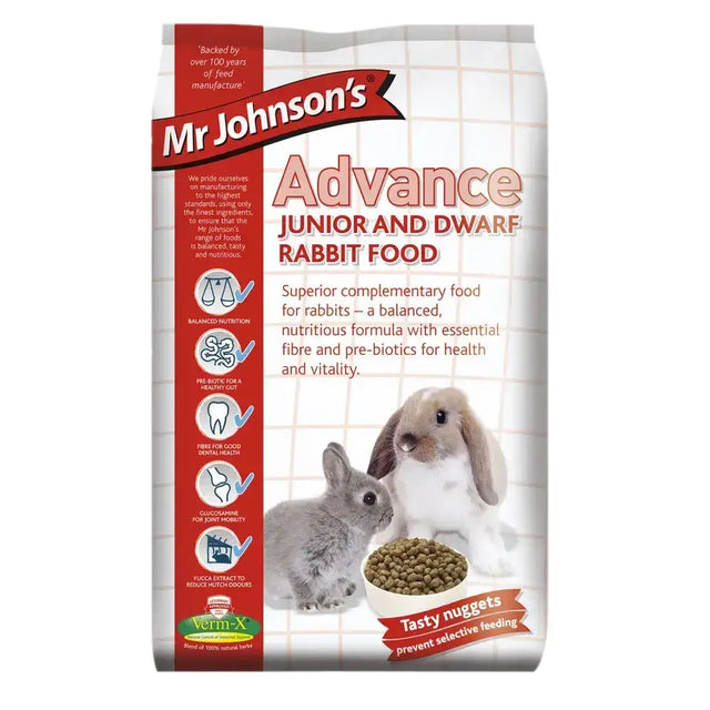 Mr johnsons advance junior and dwarf rabbit food bag with red accents and brown kibble for small pet rabbits