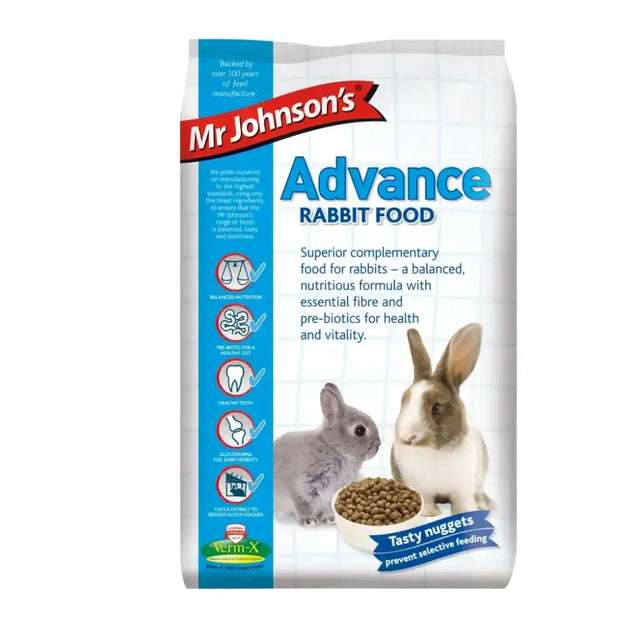 Mr johnsons advance rabbit 3 kg white and blue package with brown and grey rabbits helps prevent selective feeding and supports digestive function