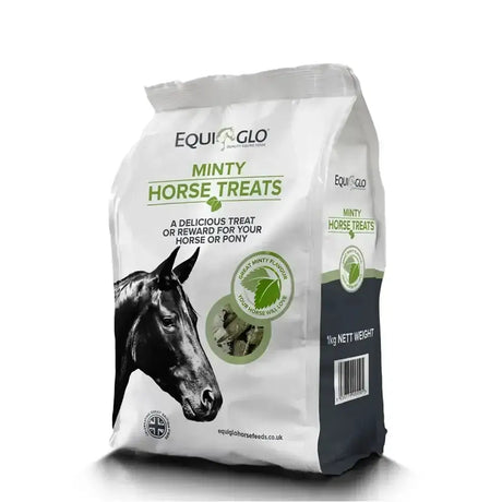 White and dark green bag of johnsons equiglo minty horse treats with a black and white horse illustration on front