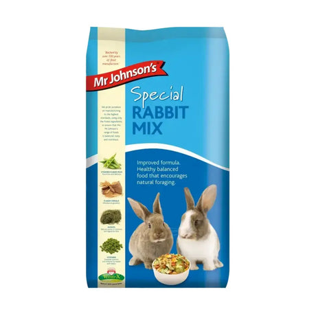 Mr johnson’s special rabbit mix 15 kg blue bag with two rabbits and a bowl of rabbit mix food
