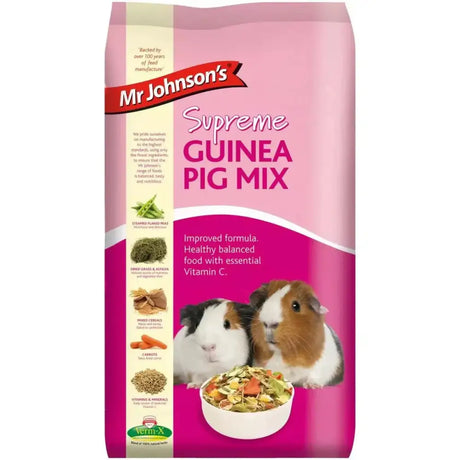 Pink bag of mr johnson’s supreme guinea pig mix showing nutritious complementary blend for healthy pets