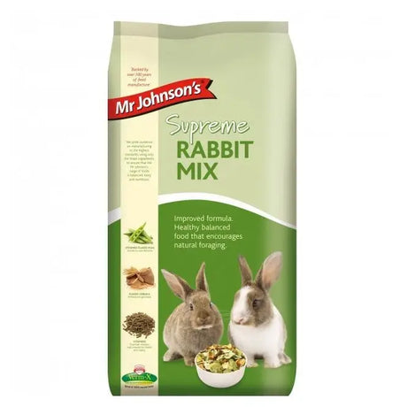 Mr johnsons supreme rabbit mix 15 kg bag showing product details for premium rabbit mix feed