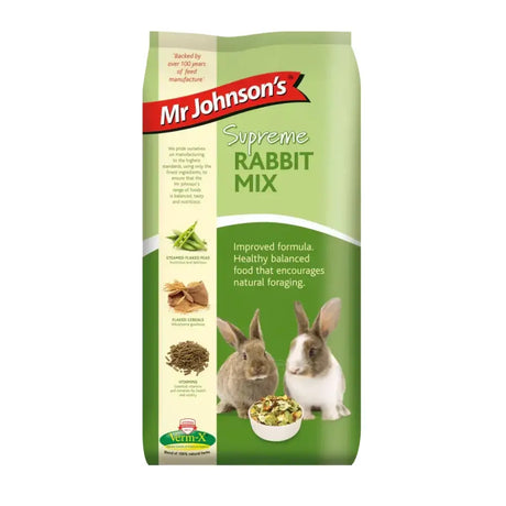 Mr johnson’s supreme rabbit mix bag showing flaked peas and key ingredients on the back side label