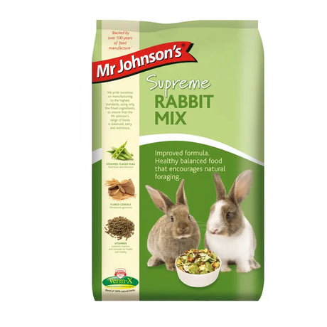 Mr Johnsons supreme rabbit mix 2.25kg green and white bag with two rabbits and food mix in a bowl