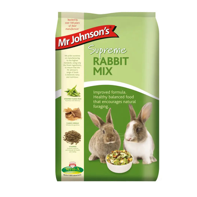 Mr Johnsons supreme rabbit mix 2.25kg green and white bag with two rabbits and food mix in a bowl