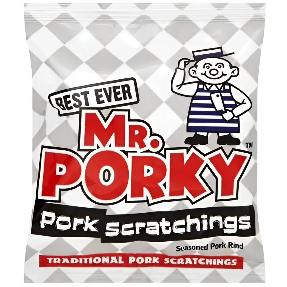 Mr porky original scratchings pack showing classic porky original crunchy pork rinds perfect for snacking