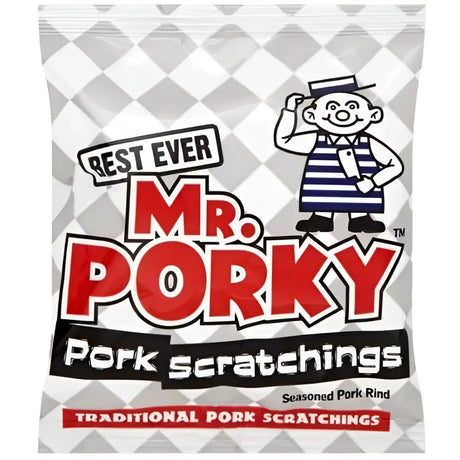 Mr porky original scratchings pack showing crispy pork scratchings as a tasty original snack option