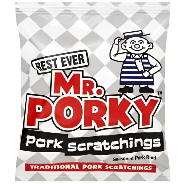 Mr porky original scratchings pack showing classic porky original crunchy pork rinds perfect for snacking