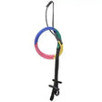 Multi coloured training reins with rainbow braided rope and black hardware featuring a multi-coloured rubber grip