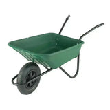 Green plastic multi purpose wheelbarrow with black metal frame and rubber tire wheel assembly required and conveniently flat packed