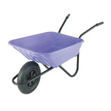Purple plastic multi-purpose wheelbarrow with black metal handles and single rubber tire assembly required