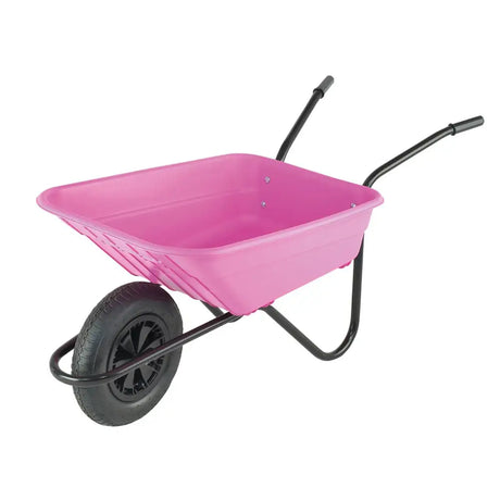Pink multi-purpose wheelbarrow with black metal frame and single rubber tire conveniently flat-packed assembly required