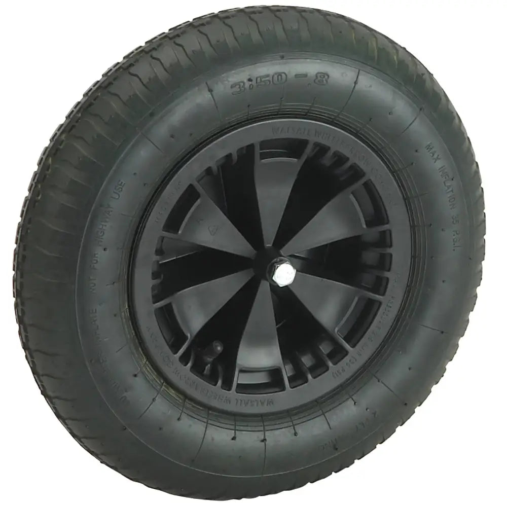 Black rubber multi-purpose wheelbarrow spare pneumatic wheel with radial spokes and black plastic hubcap