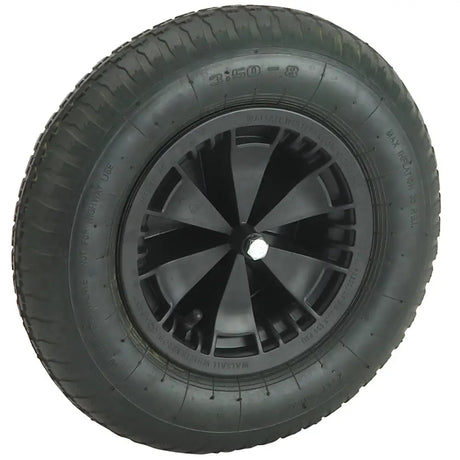 Black rubber multi-purpose wheelbarrow spare pneumatic wheel with radial spokes and black plastic hubcap