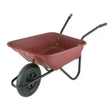 Red plastic multi-purpose wheelbarrow with black metal frame and single rubber tire assembly required and conveniently flat-packed