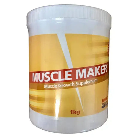 White plastic container of muscle maker muscle growth supplement with gamma oryzanol label 1kg muscle supplements