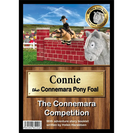 Cover of connemara pony foal book shows a brown pony jumping a brick wall with a plush grey foal from baby foal collection by crafty ponies