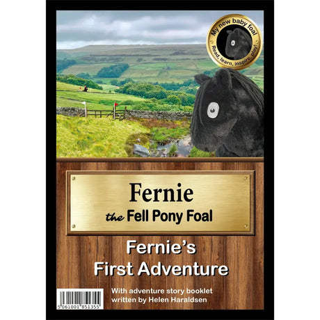 Black fell pony foal fernie soft toy featured on the cover of fernies first adventure in foal collection fernie