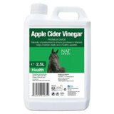 White plastic jug with green label showing a horse and naf apple cider popular equestrian supplement for joint care