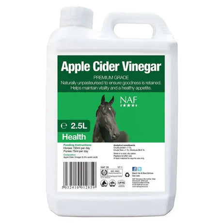 White plastic jug with green label showing a horse and naf apple cider popular equestrian supplement for joint care