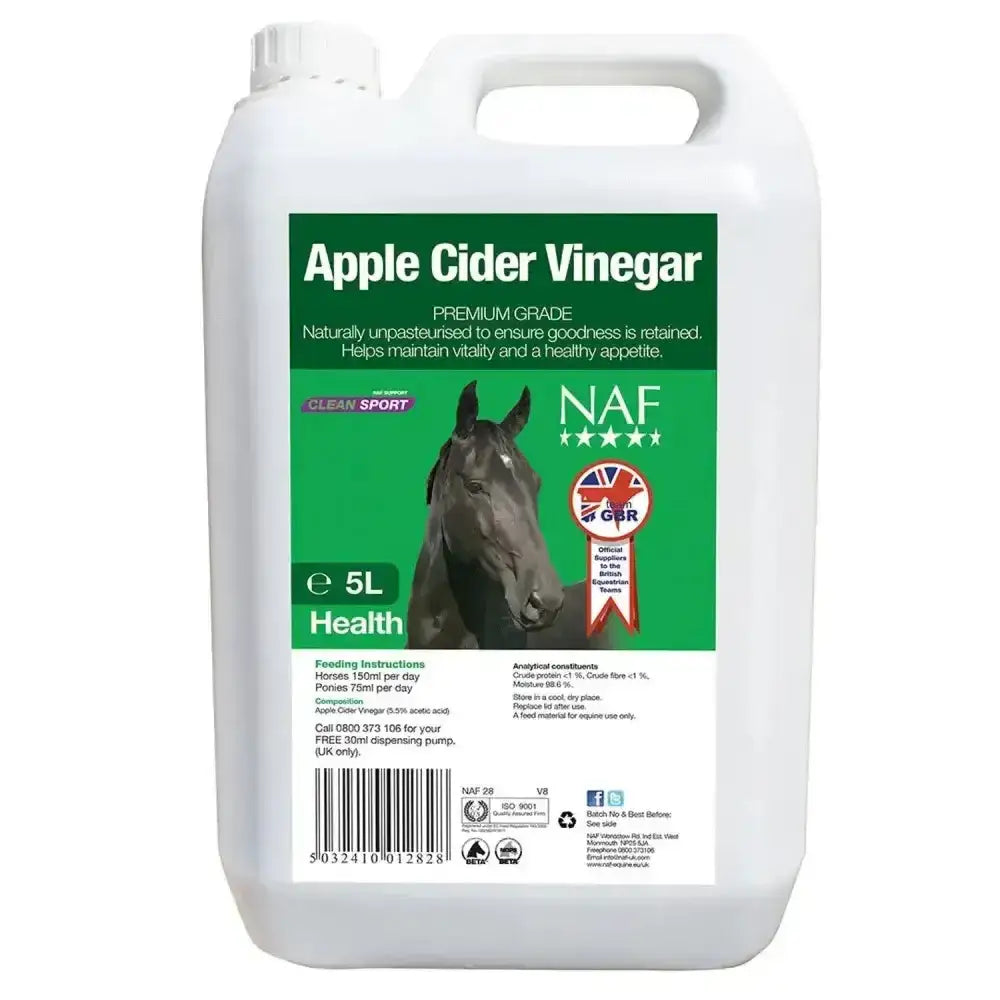 White plastic jug with green label showing a horse and naf apple cider text popular equestrian joint supplement