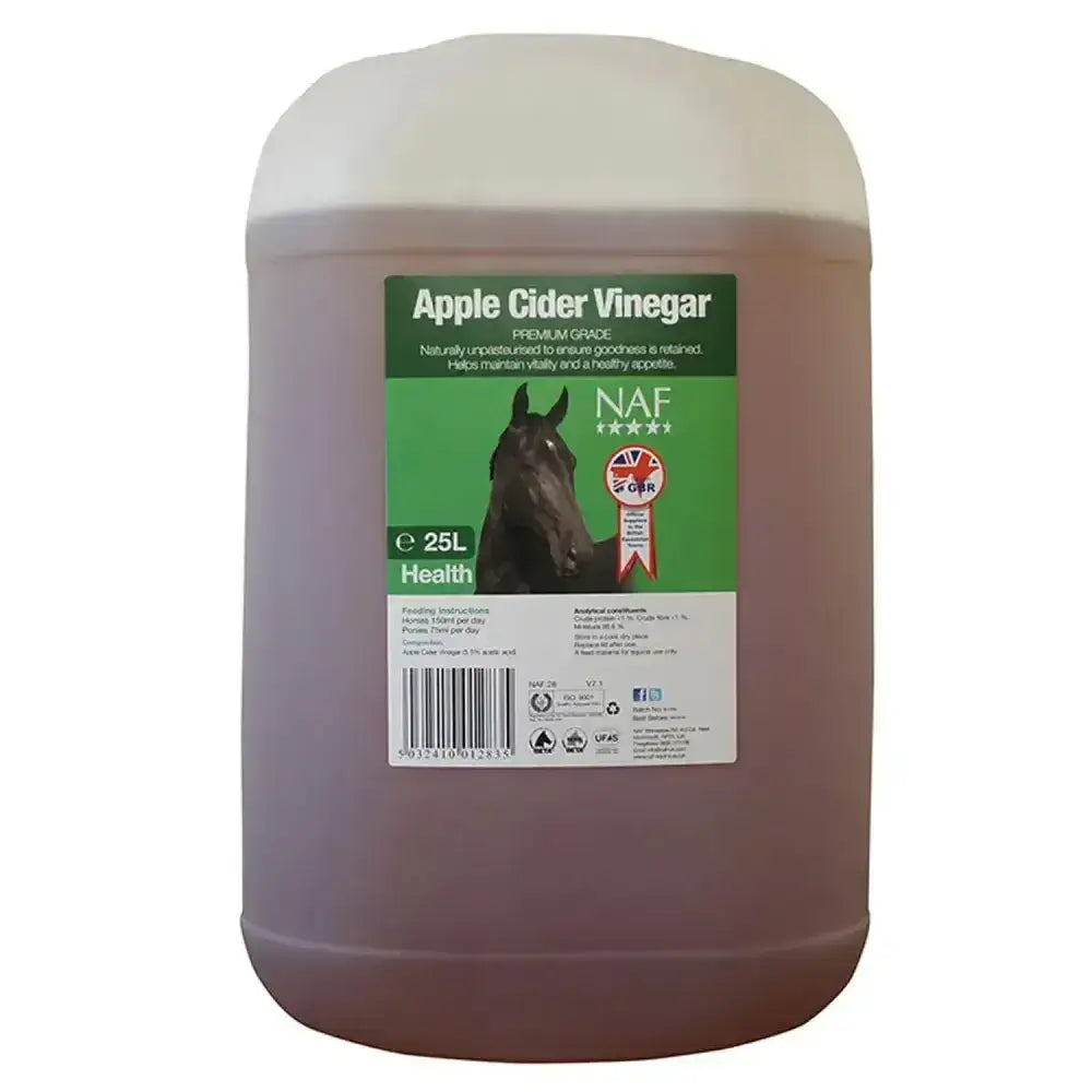 A 25-liter jug of naf apple cider vinegar with green horse label and white lid popular equestrian supplement