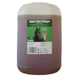 A 25-liter jug of naf apple cider vinegar with green horse label and white lid popular equestrian supplement