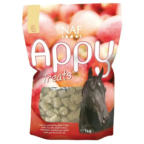 A 1kg bag of naf apple treats with translucent apple-shaped horse treats in red and orange packaging with a black horse design