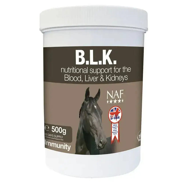 White cylindrical container of naf b.l.k horse supplement for blood liver and kidney nutritional support