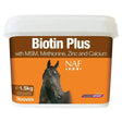 Orange and brown container of naf biotin plus powder horse hoof supplement with black horse image for healthy hooves