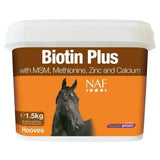 Orange and brown container of naf biotin plus powder horse hoof supplement with black horse image for healthy hooves