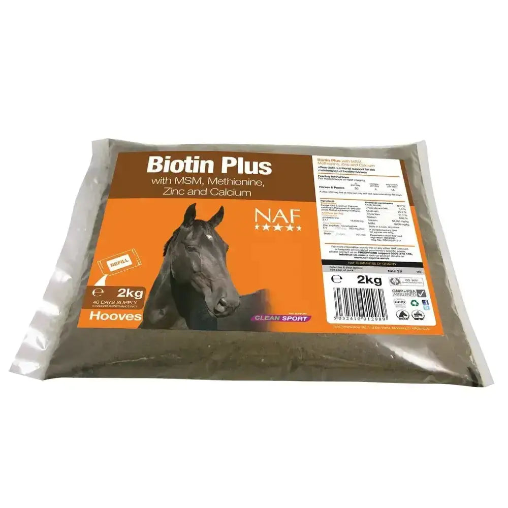 A 2kg bag of naf biotin plus powder with an orange and brown label featuring a black horse for healthy hooves