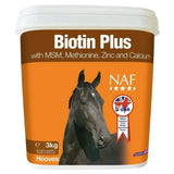 Naf biotin plus powder in an orange and brown bucket with a black horse image for healthy hooves and horse hoof supplements